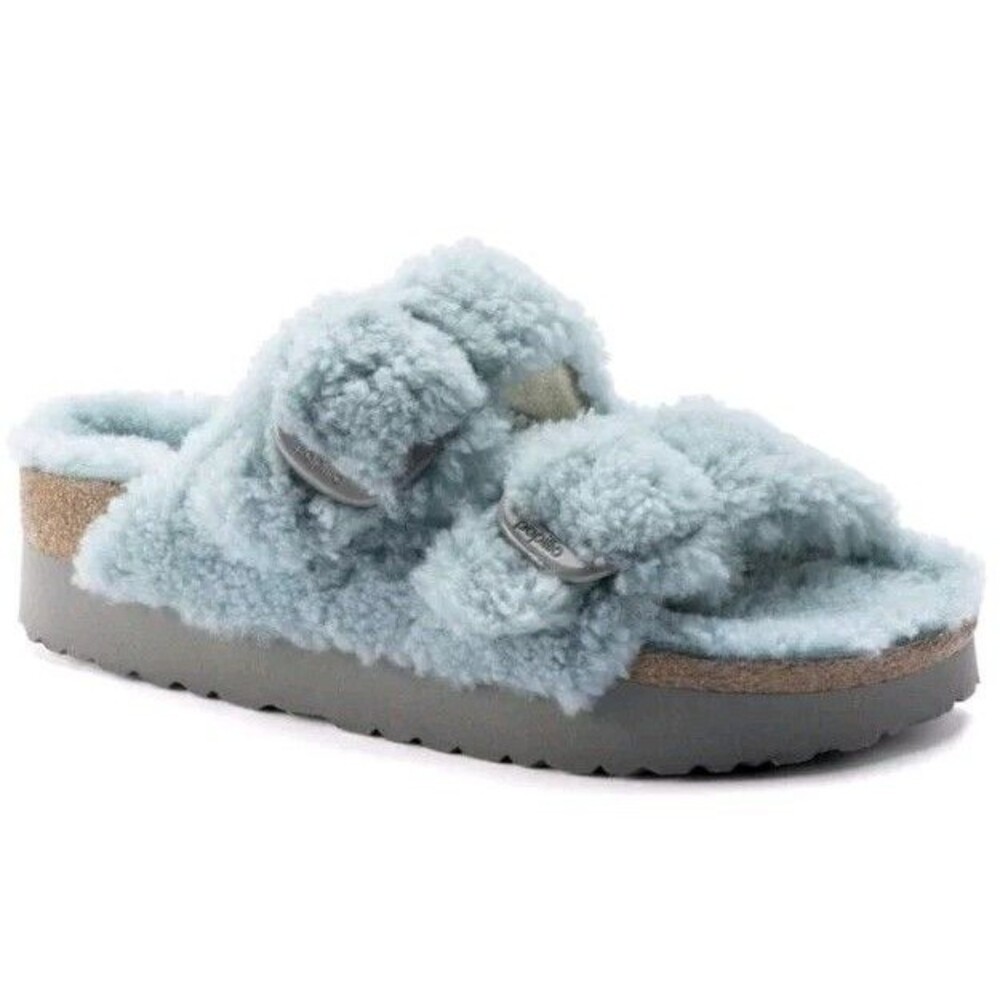 40N Birkenstock Arizona Big Buckle Shearling Slide Sandal Teddy Faded Aqua NEW